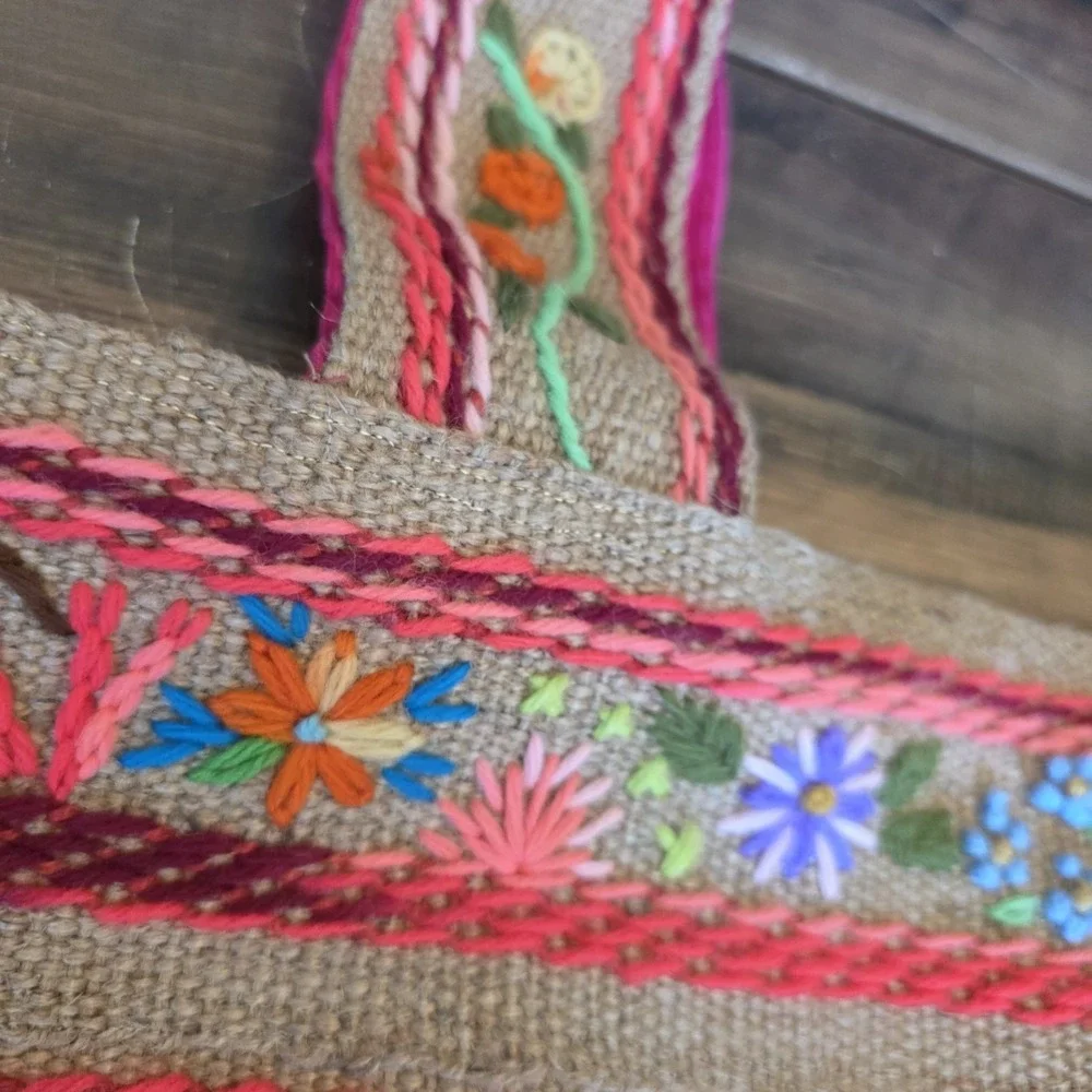 Colorful‎ Jute Burlap Bag Yarn Embroidery Boho Flowers Corduroy Lined Pocket